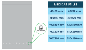 Bolsa FICKORGRIP con cierre a presión de LDPE 30 % reciclado y tabla de medidas