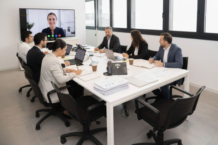 Equipo de Intermark en la sala de reuniones con videoconferencia